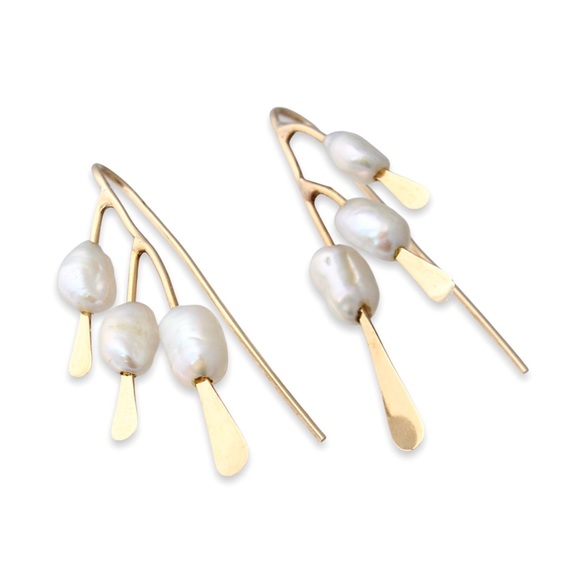 Estate 14K Gold & Genuine Pearl Branch Drop Earrings Organic Modernist Style - Picture 1 of 5